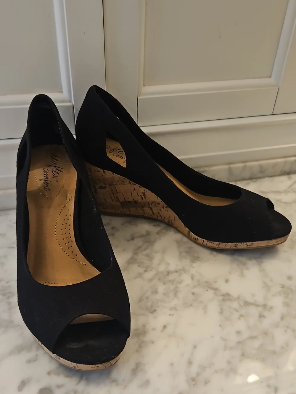 dexflex comfort Black Peep-Toe Cork Wedge Heels
